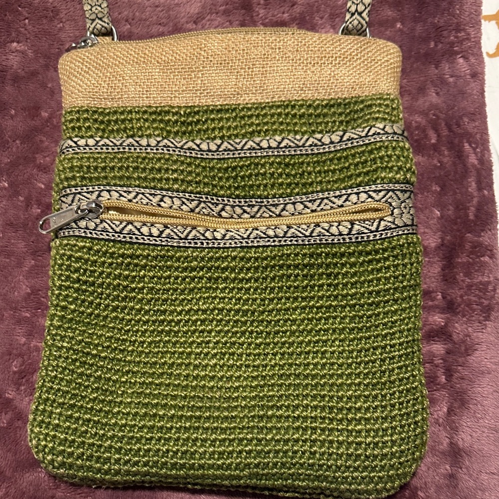 Stylish Green and Tan Jute Crossbody Bag Travel Work School‎ Errands
